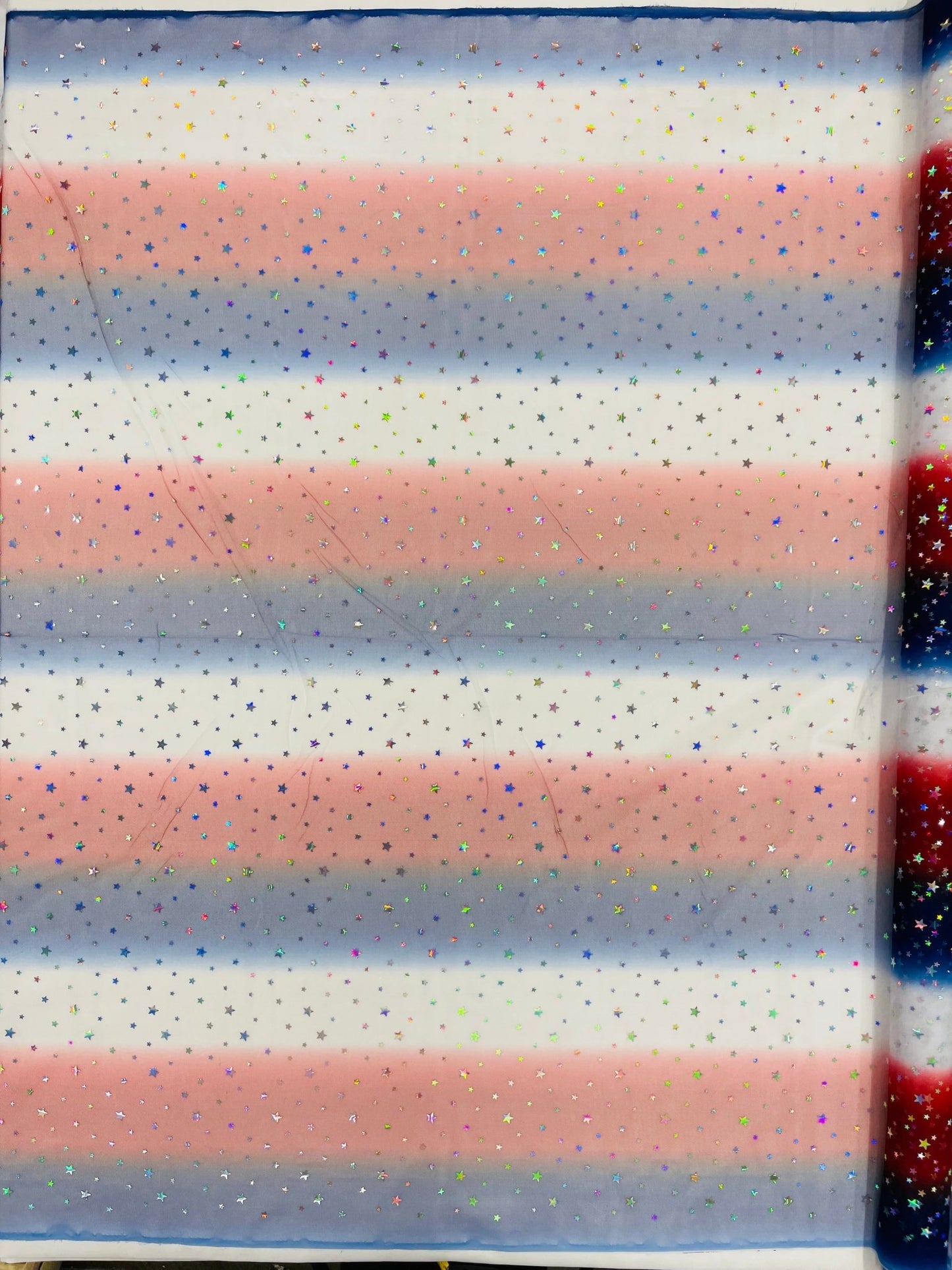 Red Blue And White Tie Dyed Mesh With Silver Stars Fabric| 58" Wide| 4th Of July. - New Creations Fabric & Foam Inc
