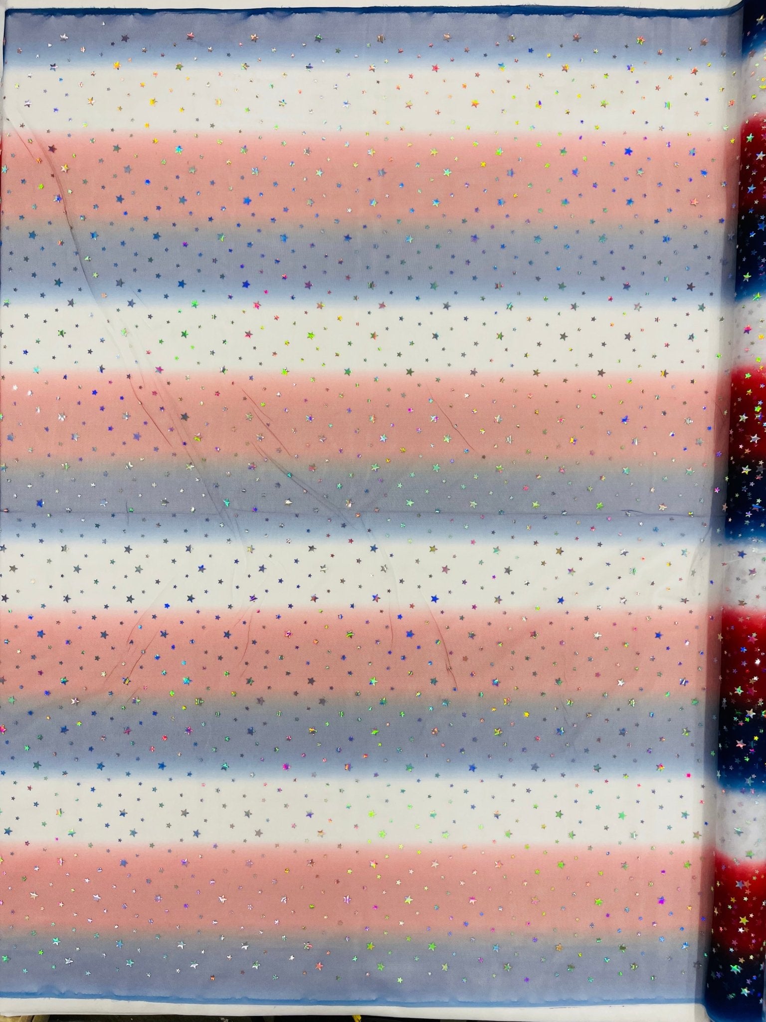 Red Blue And White Tie Dyed Mesh With Silver Stars Fabric| 58" Wide| 4th Of July. - New Creations Fabric & Foam Inc