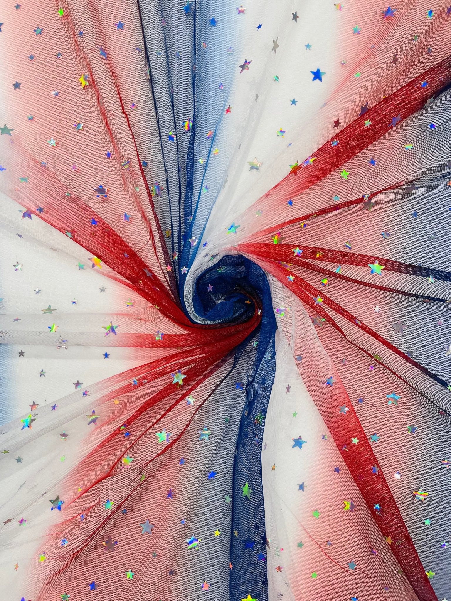 Red Blue And White Tie Dyed Mesh With Silver Stars Fabric| 58" Wide| 4th Of July. - New Creations Fabric & Foam Inc