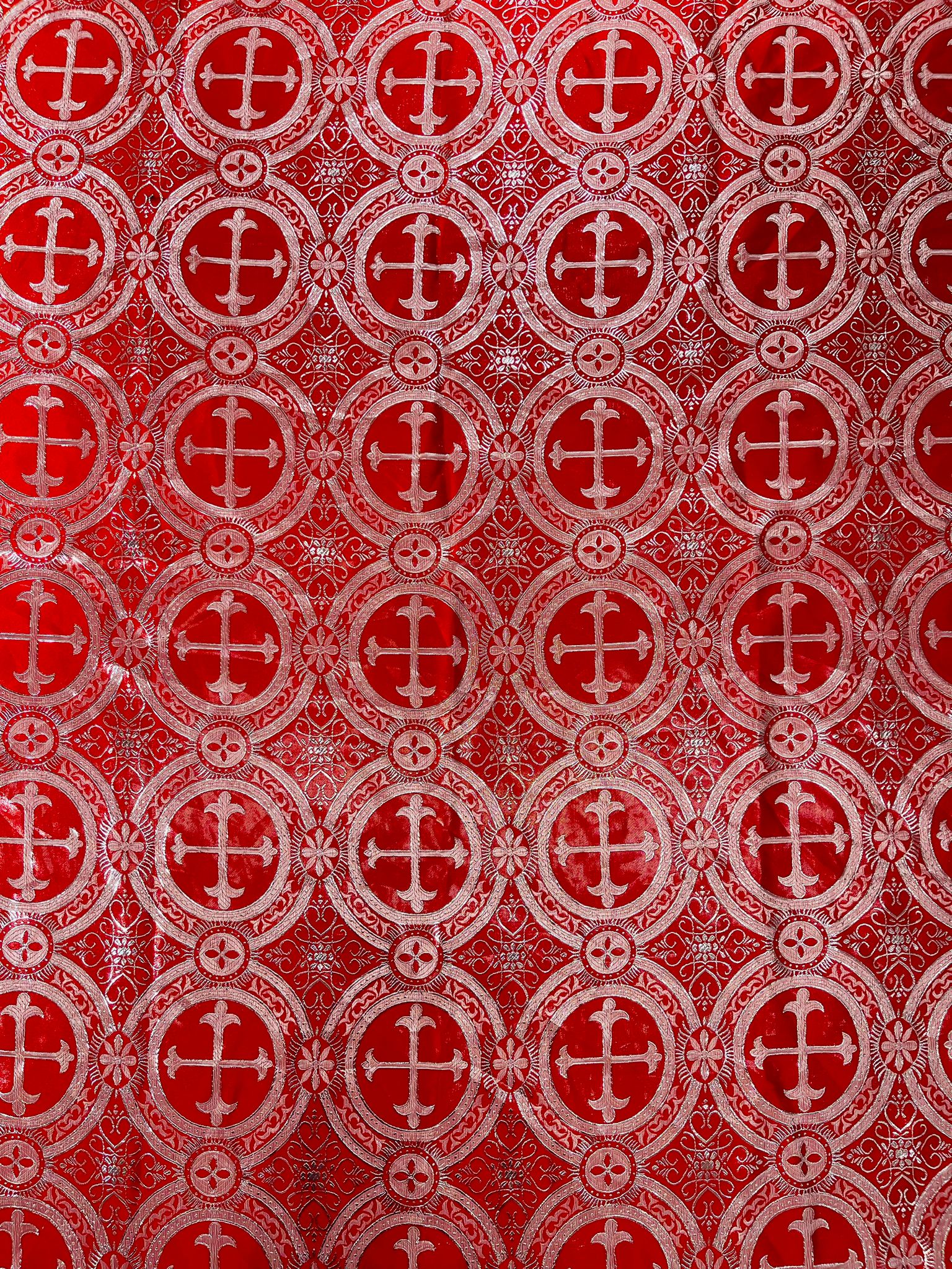 Red/Silver - Rectangular Metallic Cross Brocade Jacquard Satin Tablecloth Overlay/Religious Brocade/Liturgical Fabric/Church. - New Creations Fabric & Foam Inc