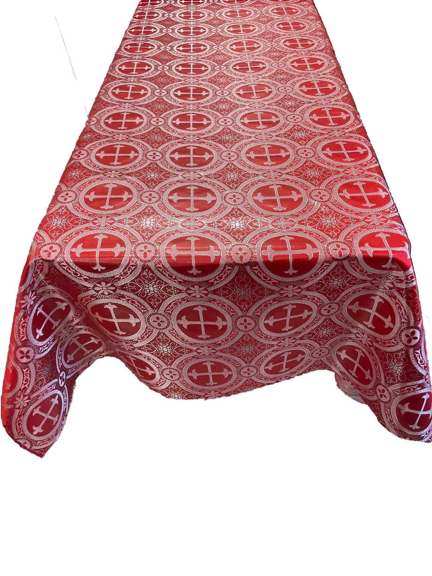 Red/Silver - Rectangular Metallic Cross Brocade Jacquard Satin Tablecloth Overlay/Religious Brocade/Liturgical Fabric/Church. - New Creations Fabric & Foam Inc