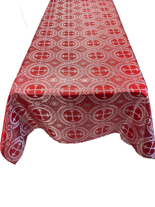 Red/Silver - Rectangular Metallic Cross Brocade Jacquard Satin Tablecloth Overlay/Religious Brocade/Liturgical Fabric/Church. - New Creations Fabric & Foam Inc
