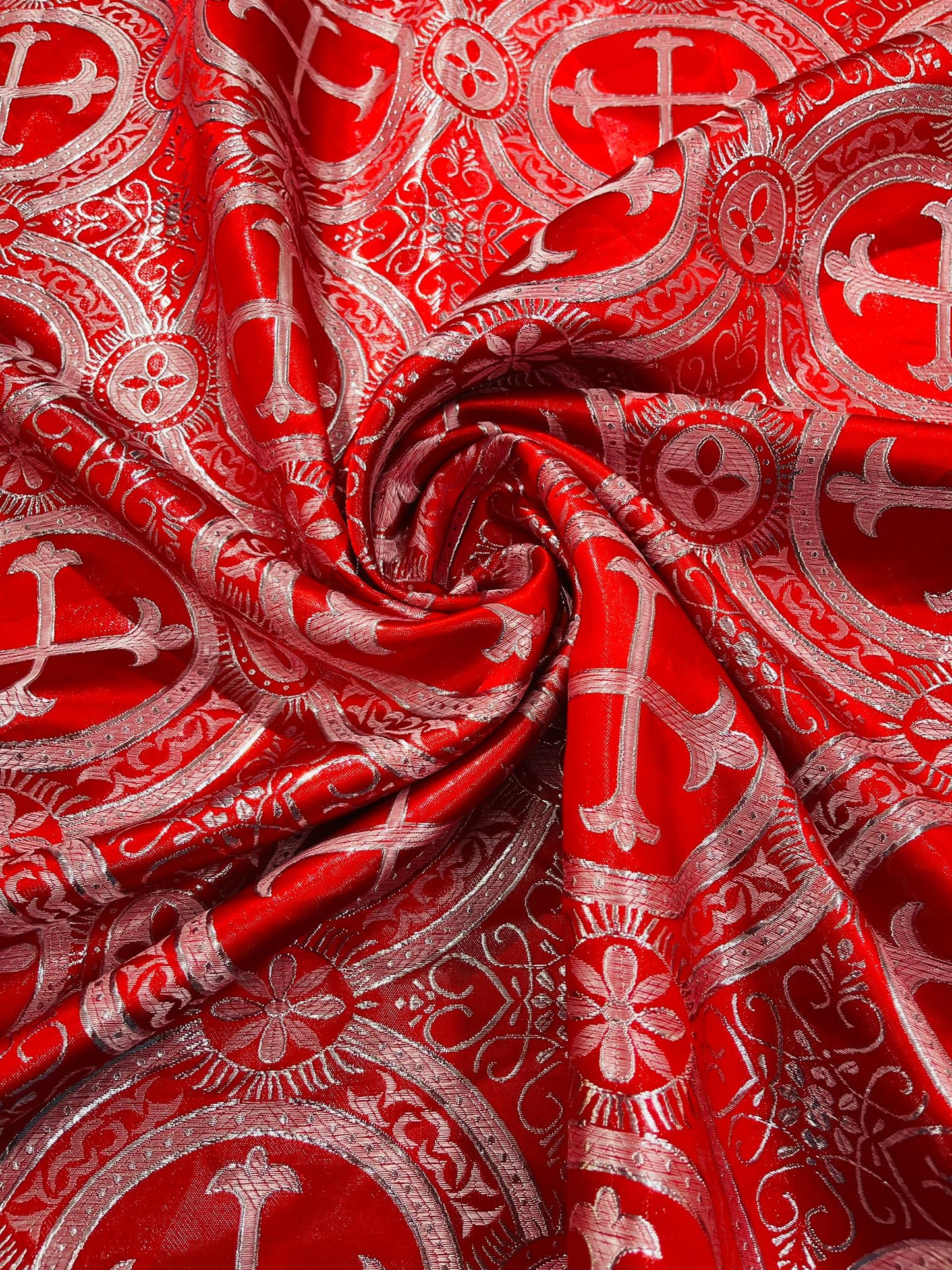Red/Silver - Square Metallic Cross Brocade Jacquard Satin Table Overlay/Religious Brocade/Liturgical Fabric/Church. - New Creations Fabric & Foam Inc