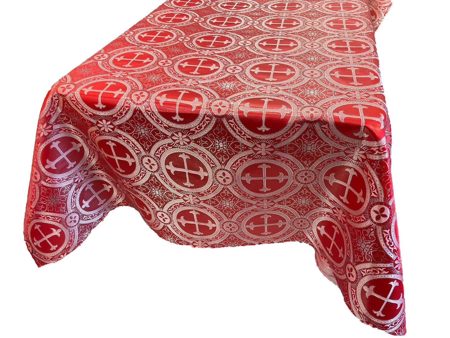 Red/Silver - Square Metallic Cross Brocade Jacquard Satin Table Overlay/Religious Brocade/Liturgical Fabric/Church. - New Creations Fabric & Foam Inc