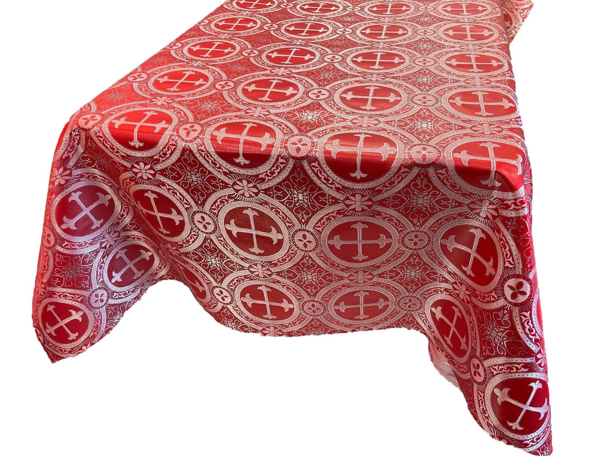 Red/Silver - Square Metallic Cross Brocade Jacquard Satin Table Overlay/Religious Brocade/Liturgical Fabric/Church. - New Creations Fabric & Foam Inc