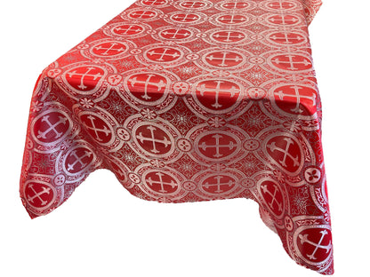 Red/Silver - Square Metallic Cross Brocade Jacquard Satin Table Overlay/Religious Brocade/Liturgical Fabric/Church. - New Creations Fabric & Foam Inc