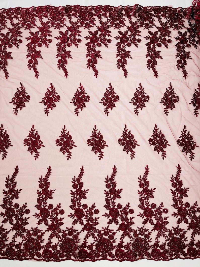 ROSE FLORAL BEADED LACE (By The Yard) - New Creations Fabric & Foam Inc