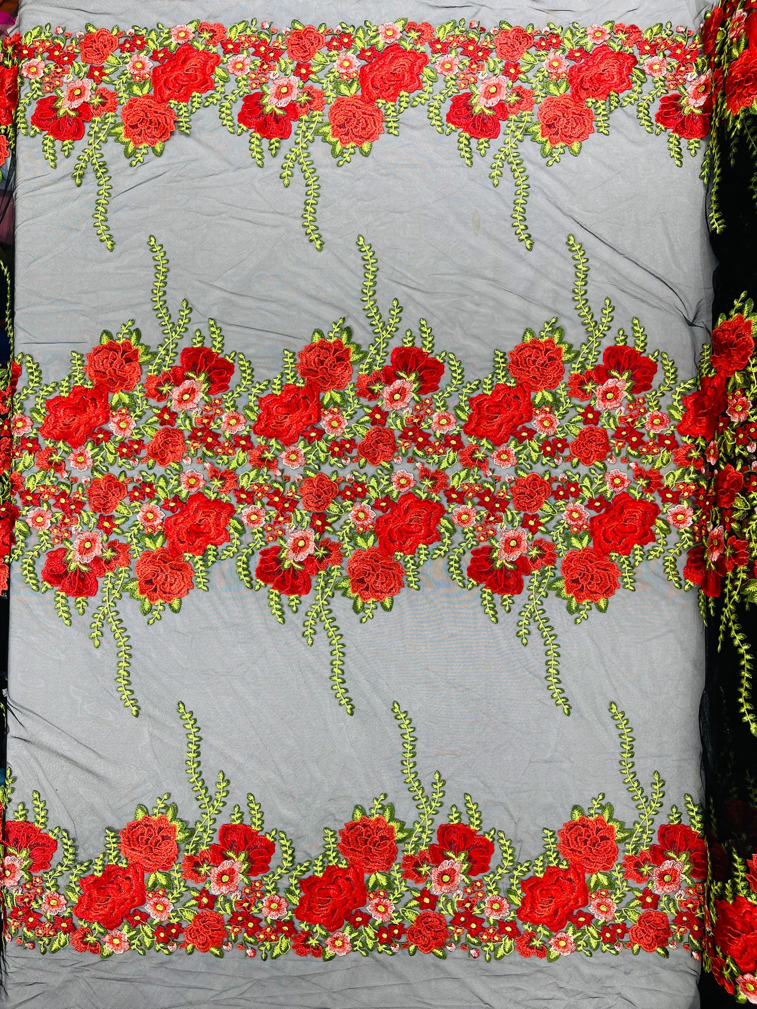 Roses Multi Color Floral Design Embroider On Mesh Lace Fabric| New Creations Fabric & Foam Inc. - New Creations Fabric & Foam Inc