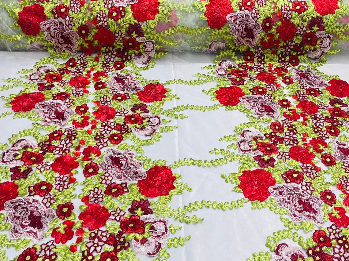 Roses Multi Color Floral Design Embroider On Mesh Lace Fabric| New Creations Fabric & Foam Inc. - New Creations Fabric & Foam Inc
