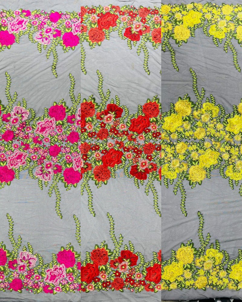 Roses Multi Color Floral Design Embroider On Mesh Lace Fabric| New Creations Fabric & Foam Inc. - New Creations Fabric & Foam Inc