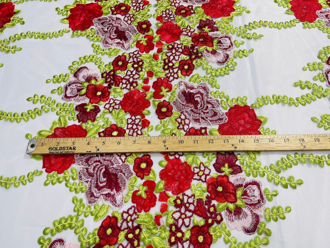 Roses Multi Color Floral Design Embroider On Mesh Lace Fabric| New Creations Fabric & Foam Inc. - New Creations Fabric & Foam Inc