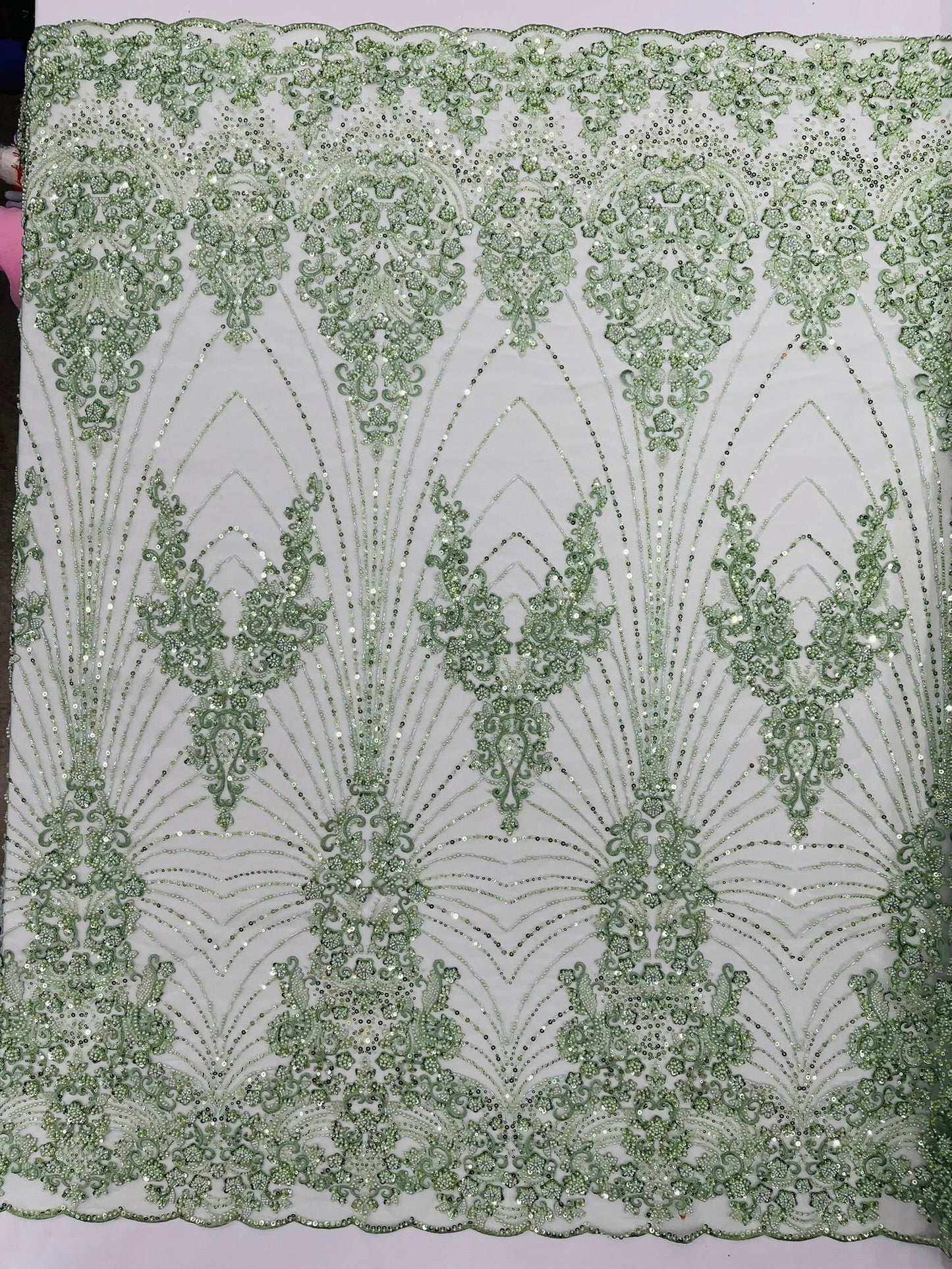Royalty Damask Beaded Lace Luxury on Mesh 54” Wide| New Creations Fabric & Foam Inc. - New Creations Fabric & Foam Inc