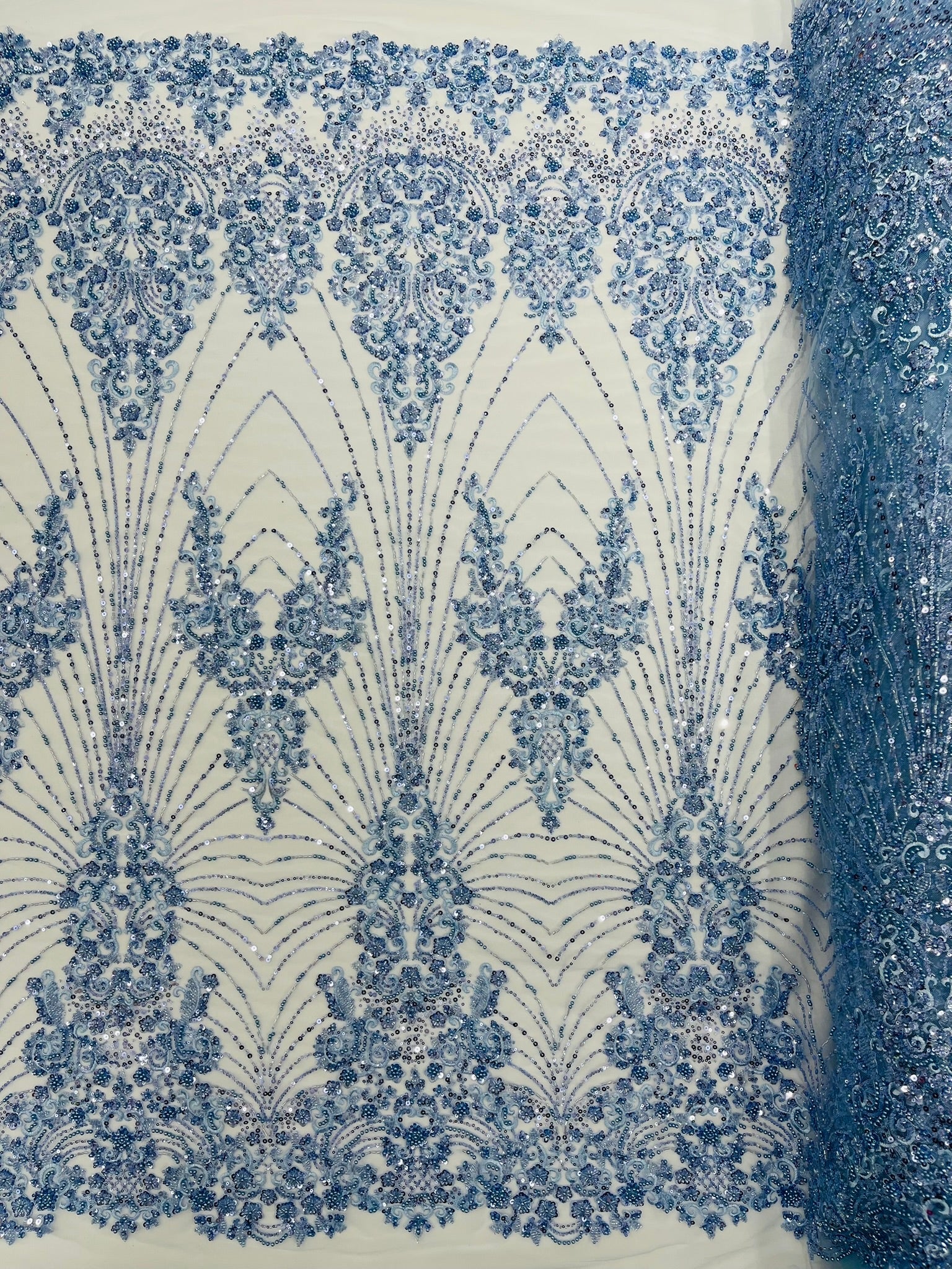 Royalty Damask Beaded Lace Luxury on Mesh 54” Wide| New Creations Fabric & Foam Inc. - New Creations Fabric & Foam Inc