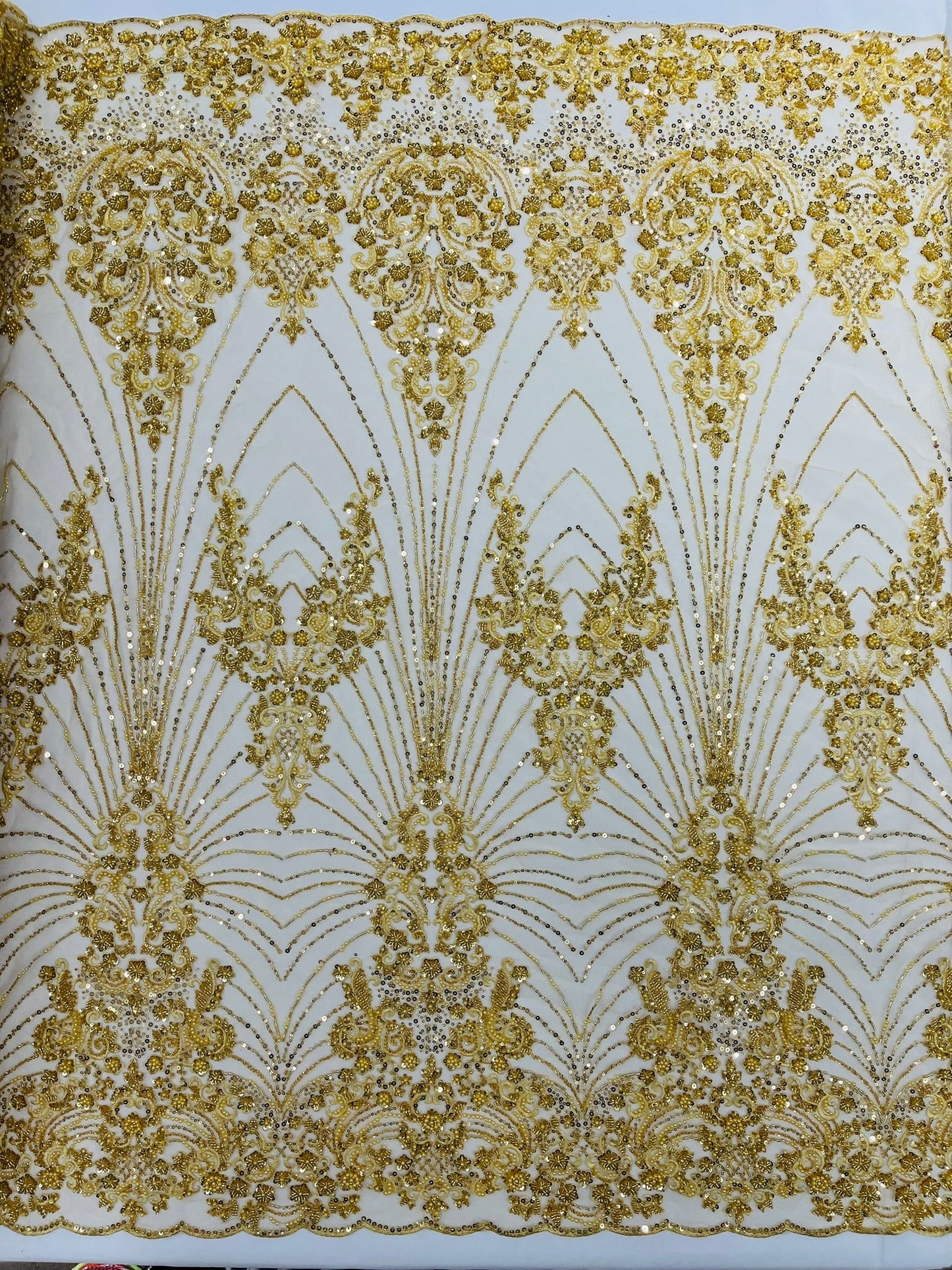 Royalty Damask Beaded Lace Luxury on Mesh 54” Wide| New Creations Fabric & Foam Inc. - New Creations Fabric & Foam Inc