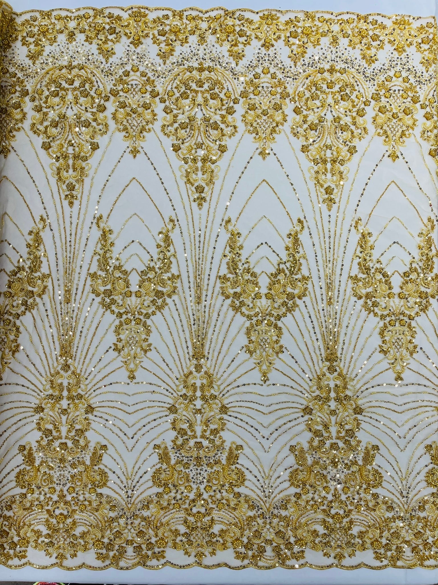 Royalty Damask Beaded Lace Luxury on Mesh 54” Wide| New Creations Fabric & Foam Inc. - New Creations Fabric & Foam Inc