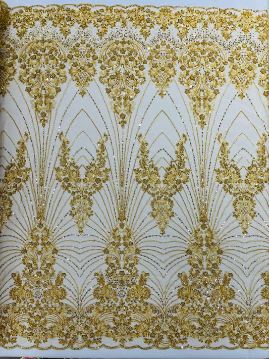 Royalty Damask Beaded Lace Luxury on Mesh 54” Wide| New Creations Fabric & Foam Inc. - New Creations Fabric & Foam Inc
