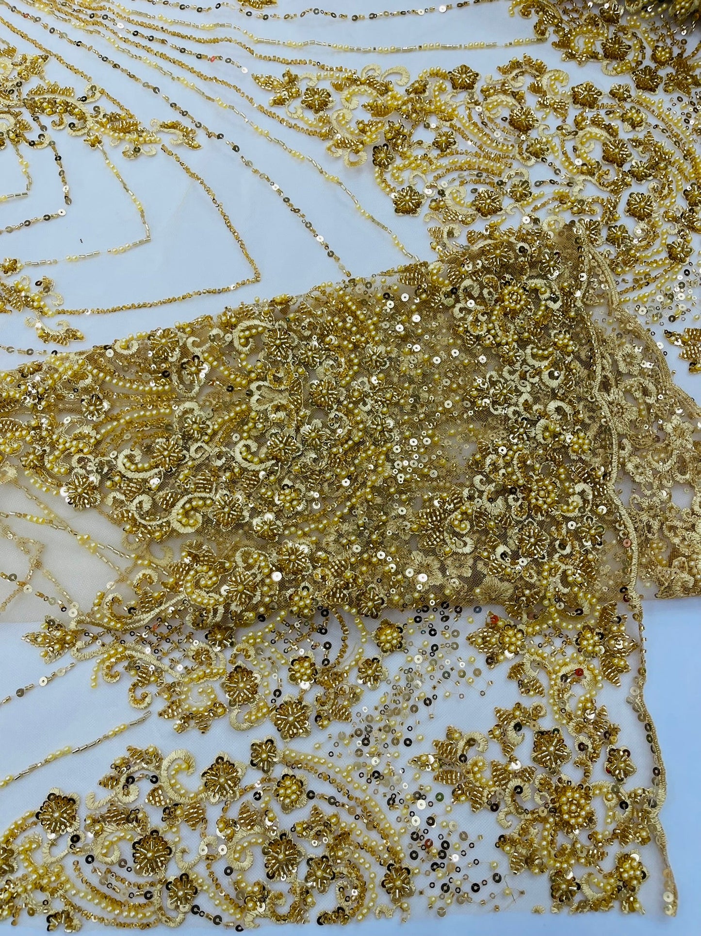 Royalty Damask Beaded Lace Luxury on Mesh 54” Wide| New Creations Fabric & Foam Inc. - New Creations Fabric & Foam Inc