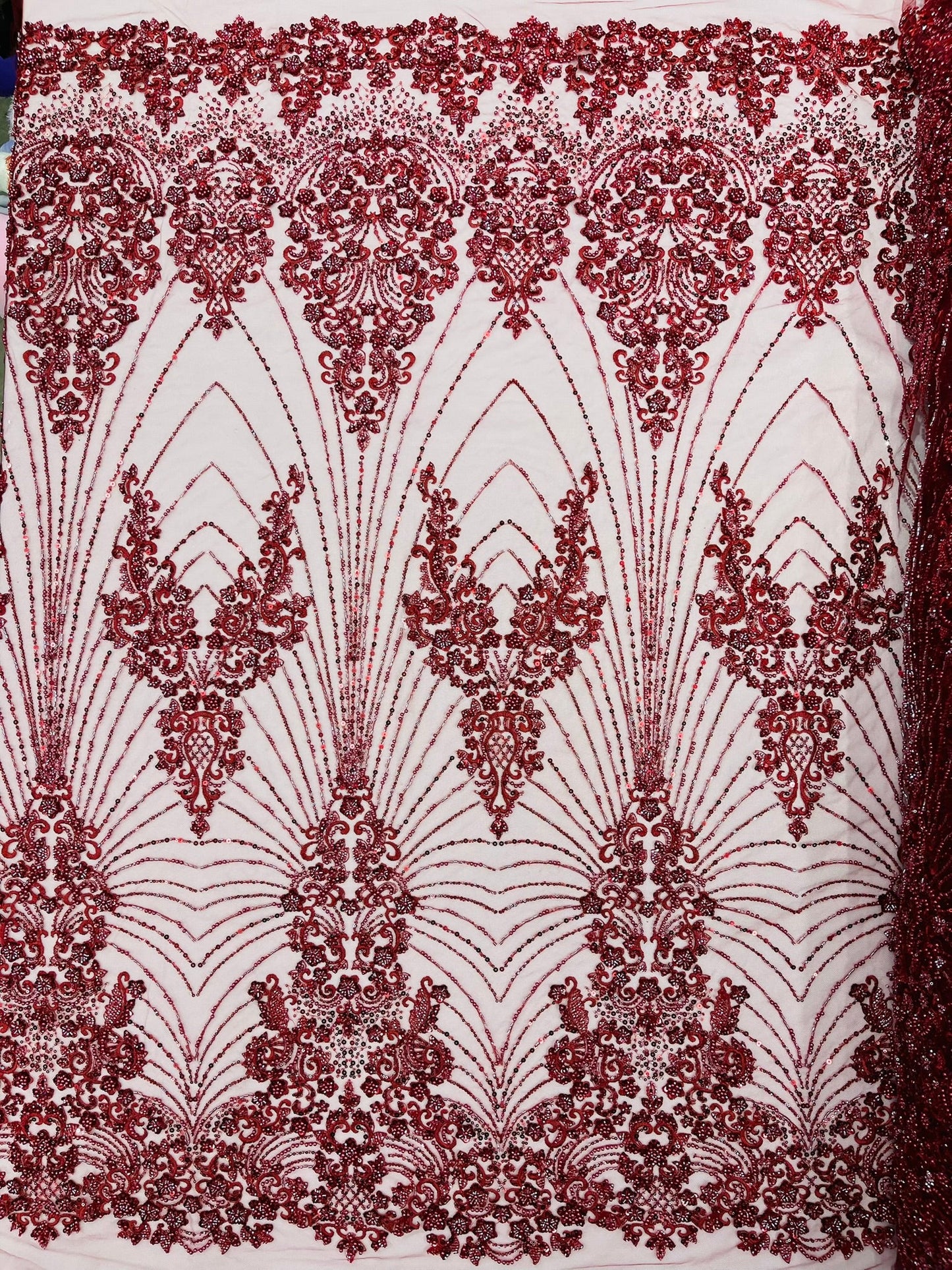 Royalty Damask Beaded Lace Luxury on Mesh 54” Wide| New Creations Fabric & Foam Inc. - New Creations Fabric & Foam Inc