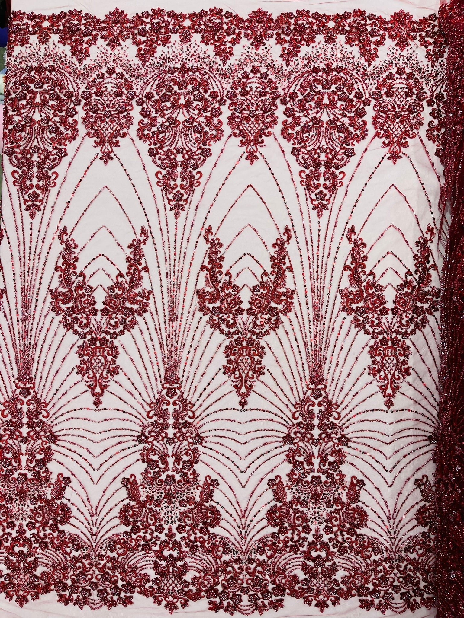 Royalty Damask Beaded Lace Luxury on Mesh 54” Wide| New Creations Fabric & Foam Inc. - New Creations Fabric & Foam Inc