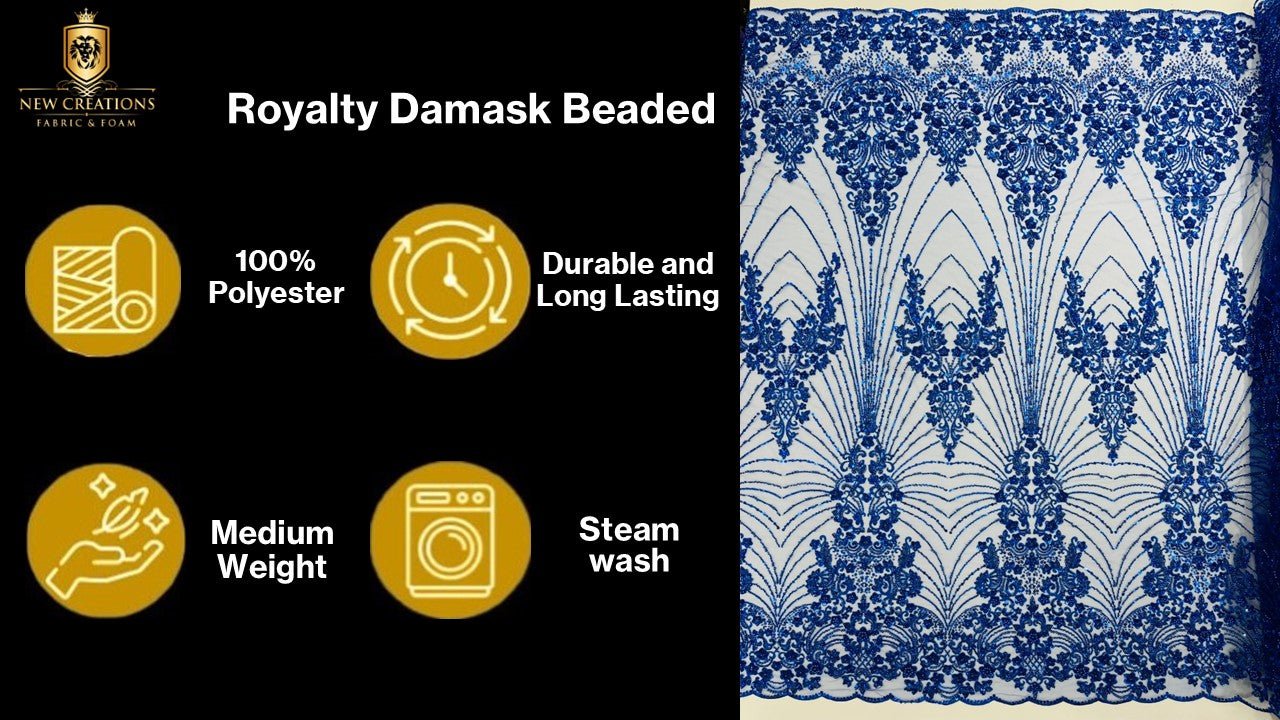 Royalty Damask Beaded Lace Luxury on Mesh 54” Wide| New Creations Fabric & Foam Inc. - New Creations Fabric & Foam Inc