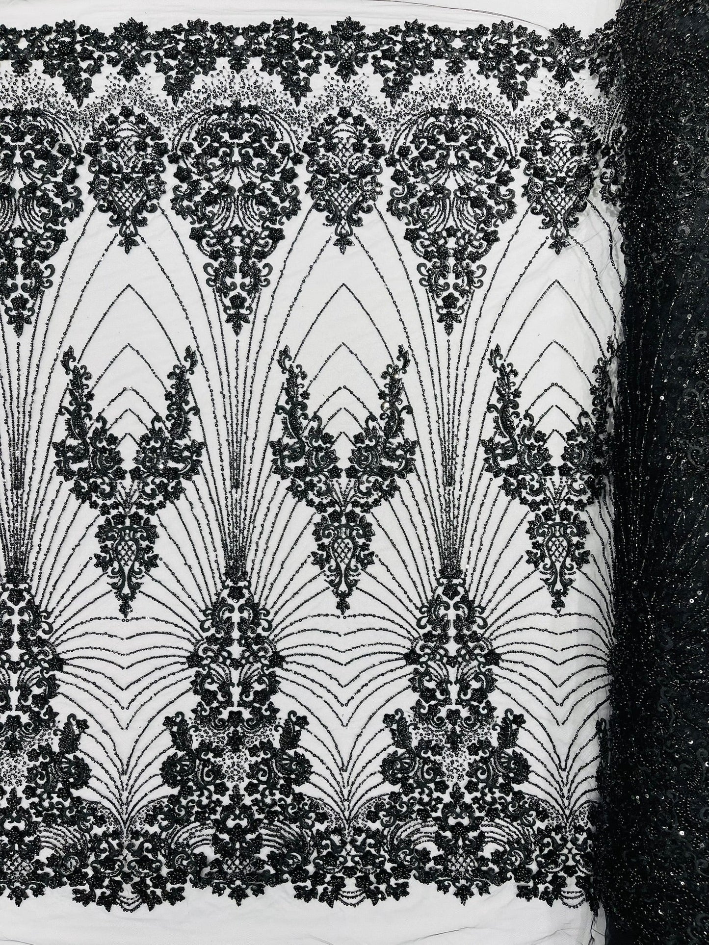Royalty Damask Beaded Lace Luxury on Mesh 54” Wide| New Creations Fabric & Foam Inc. - New Creations Fabric & Foam Inc