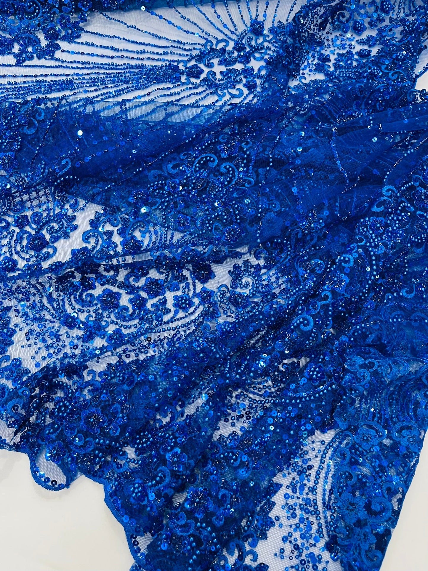 Royalty Damask Beaded Lace Luxury on Mesh 54” Wide| New Creations Fabric & Foam Inc. - New Creations Fabric & Foam Inc