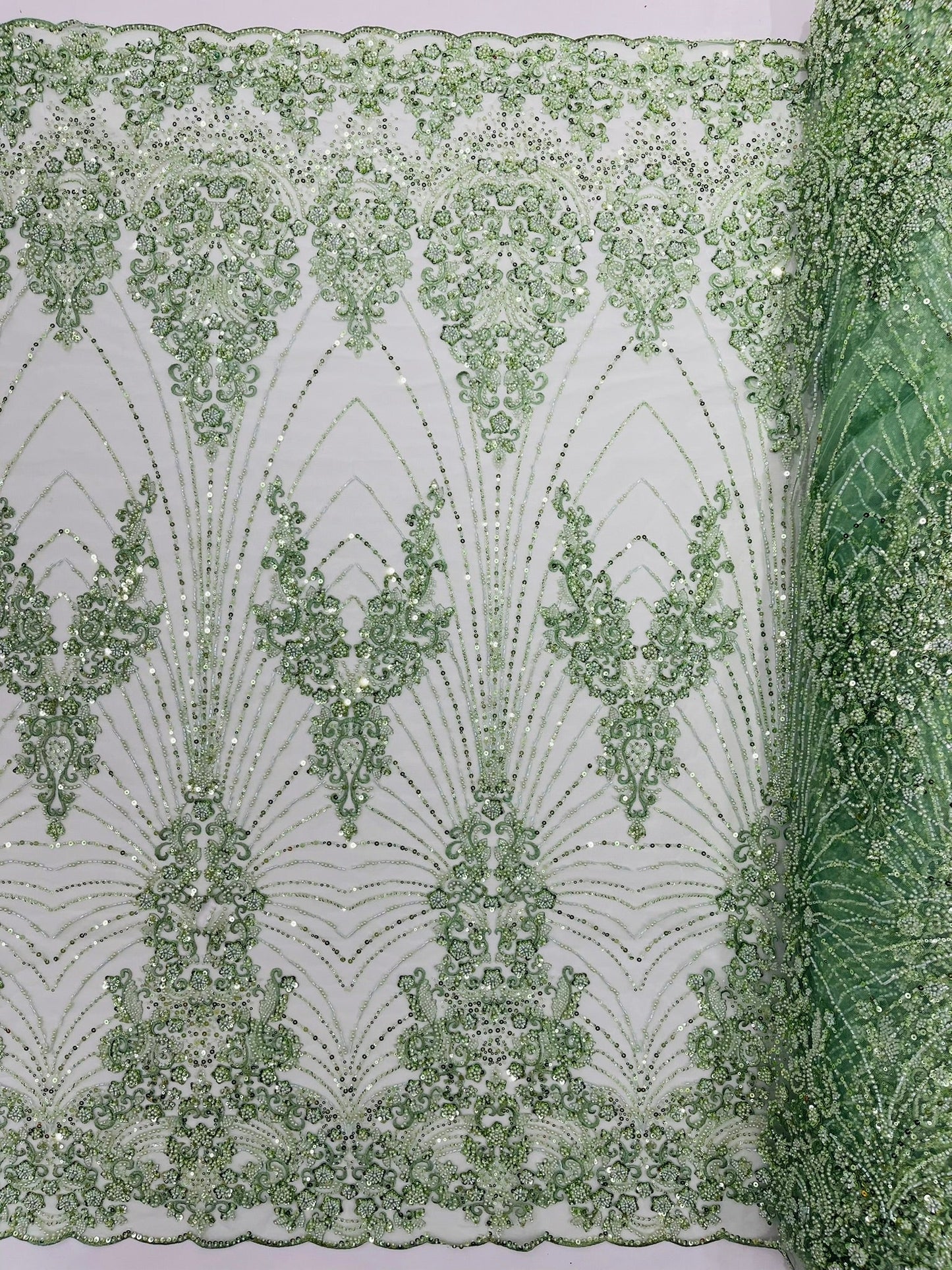 Royalty Damask Beaded Lace Luxury on Mesh 54” Wide| New Creations Fabric & Foam Inc. - New Creations Fabric & Foam Inc