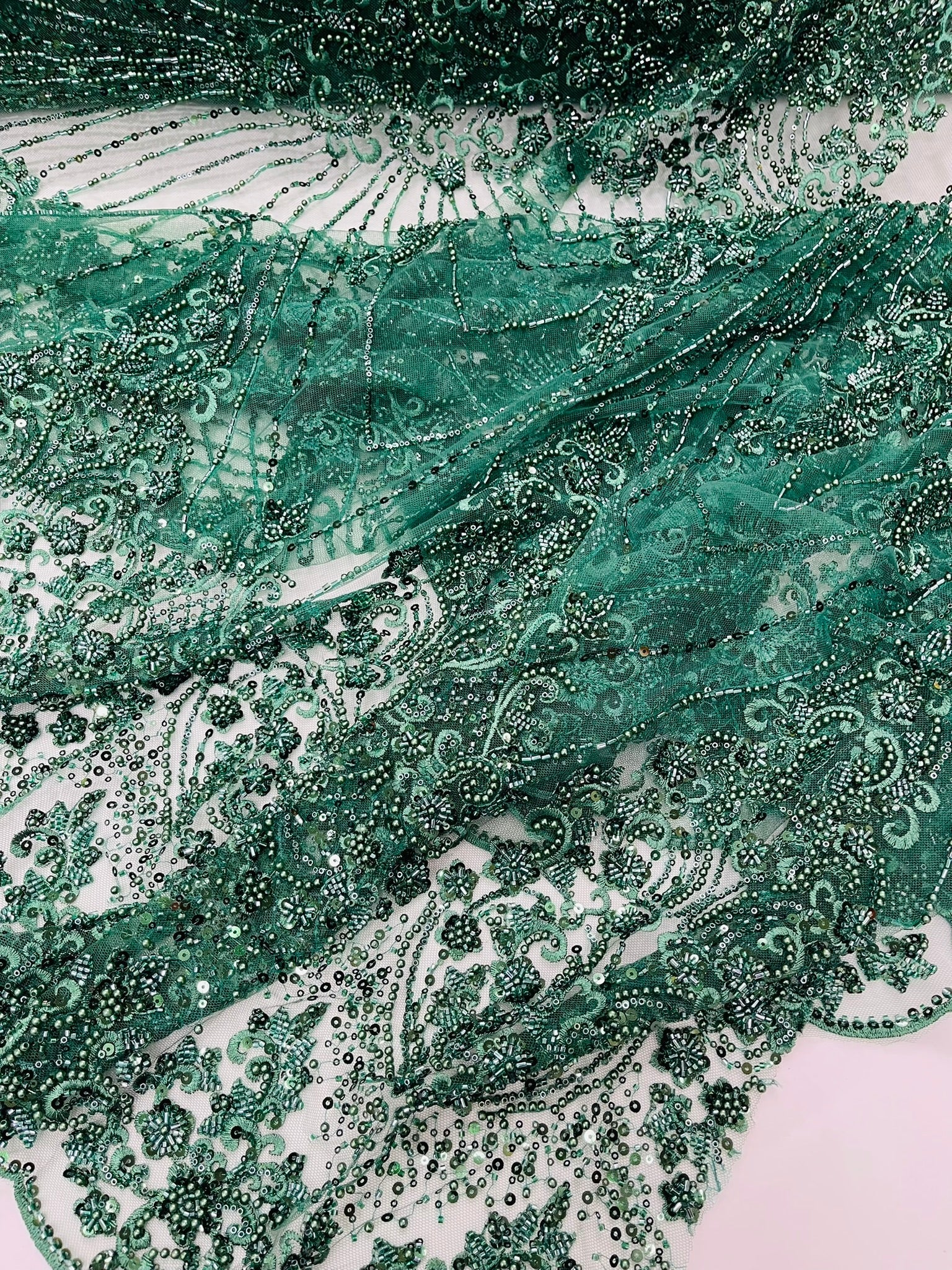 Royalty Damask Beaded Lace Luxury on Mesh 54” Wide| New Creations Fabric & Foam Inc. - New Creations Fabric & Foam Inc