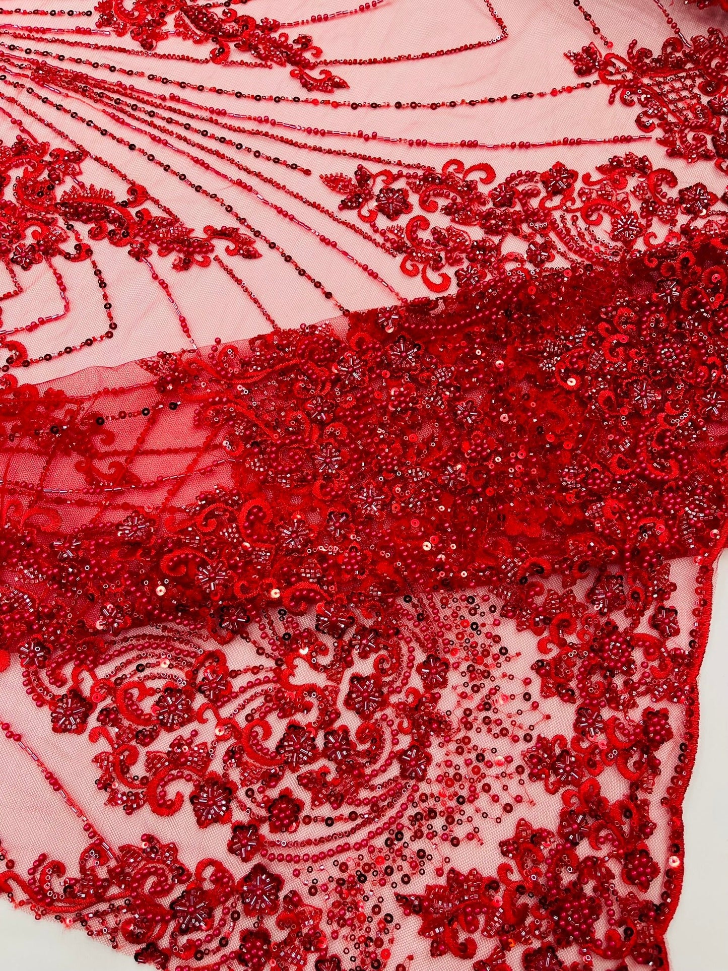 Royalty Damask Beaded Lace Luxury on Mesh 54” Wide| New Creations Fabric & Foam Inc. - New Creations Fabric & Foam Inc