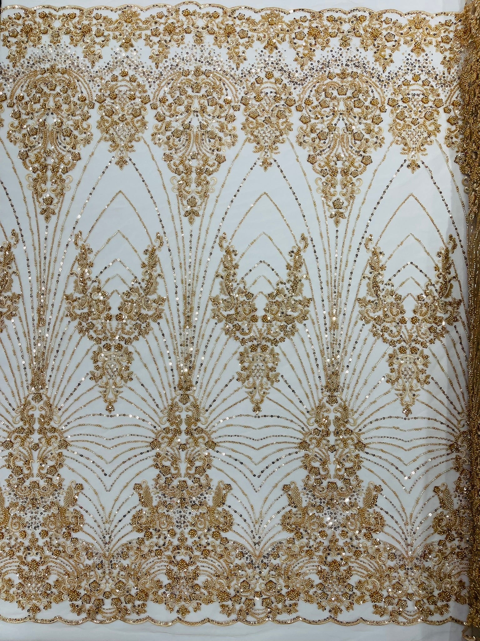 Royalty Damask Beaded Lace Luxury on Mesh 54” Wide| New Creations Fabric & Foam Inc. - New Creations Fabric & Foam Inc