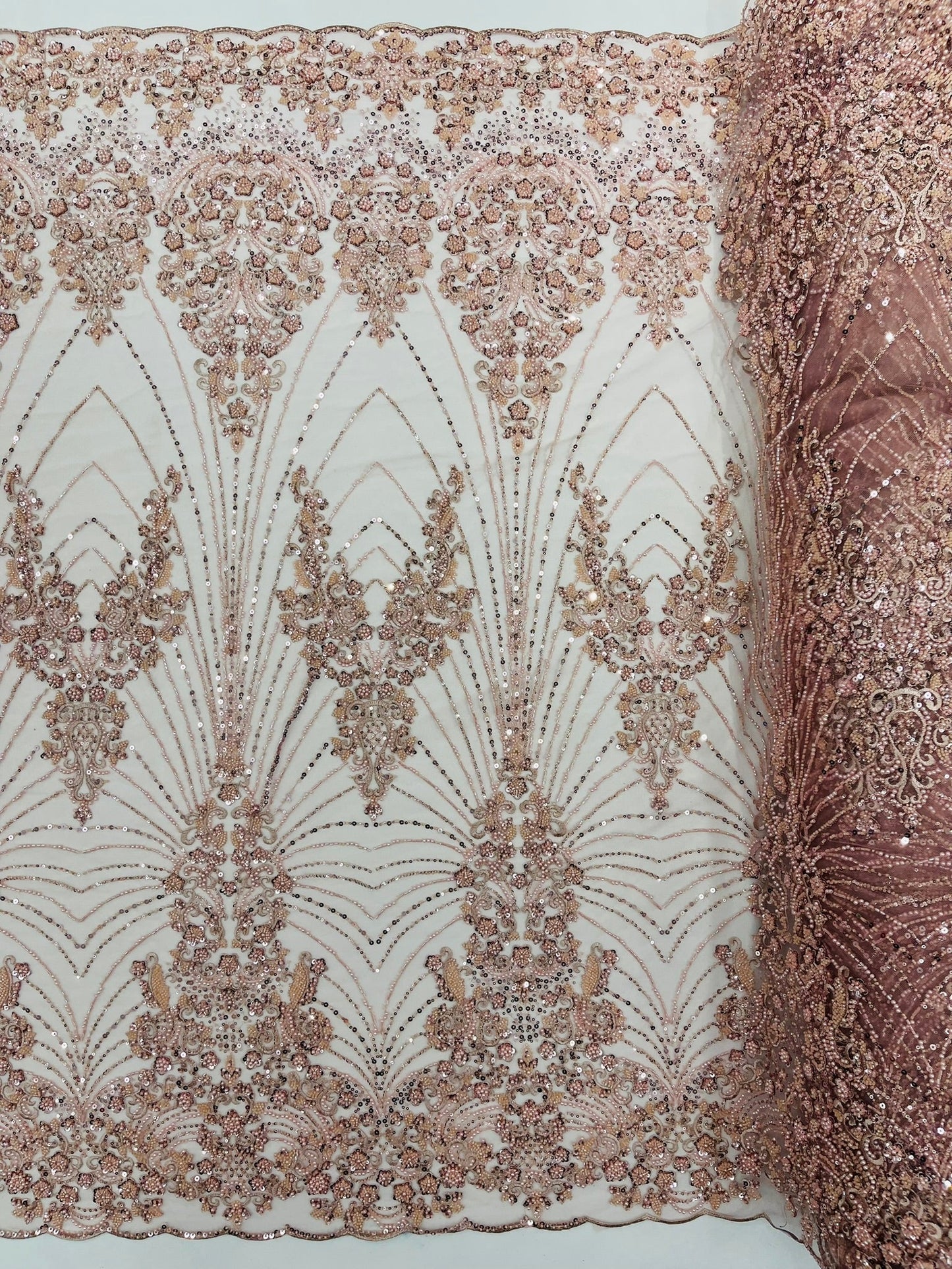 Royalty Damask Beaded Lace Luxury on Mesh 54” Wide| New Creations Fabric & Foam Inc. - New Creations Fabric & Foam Inc