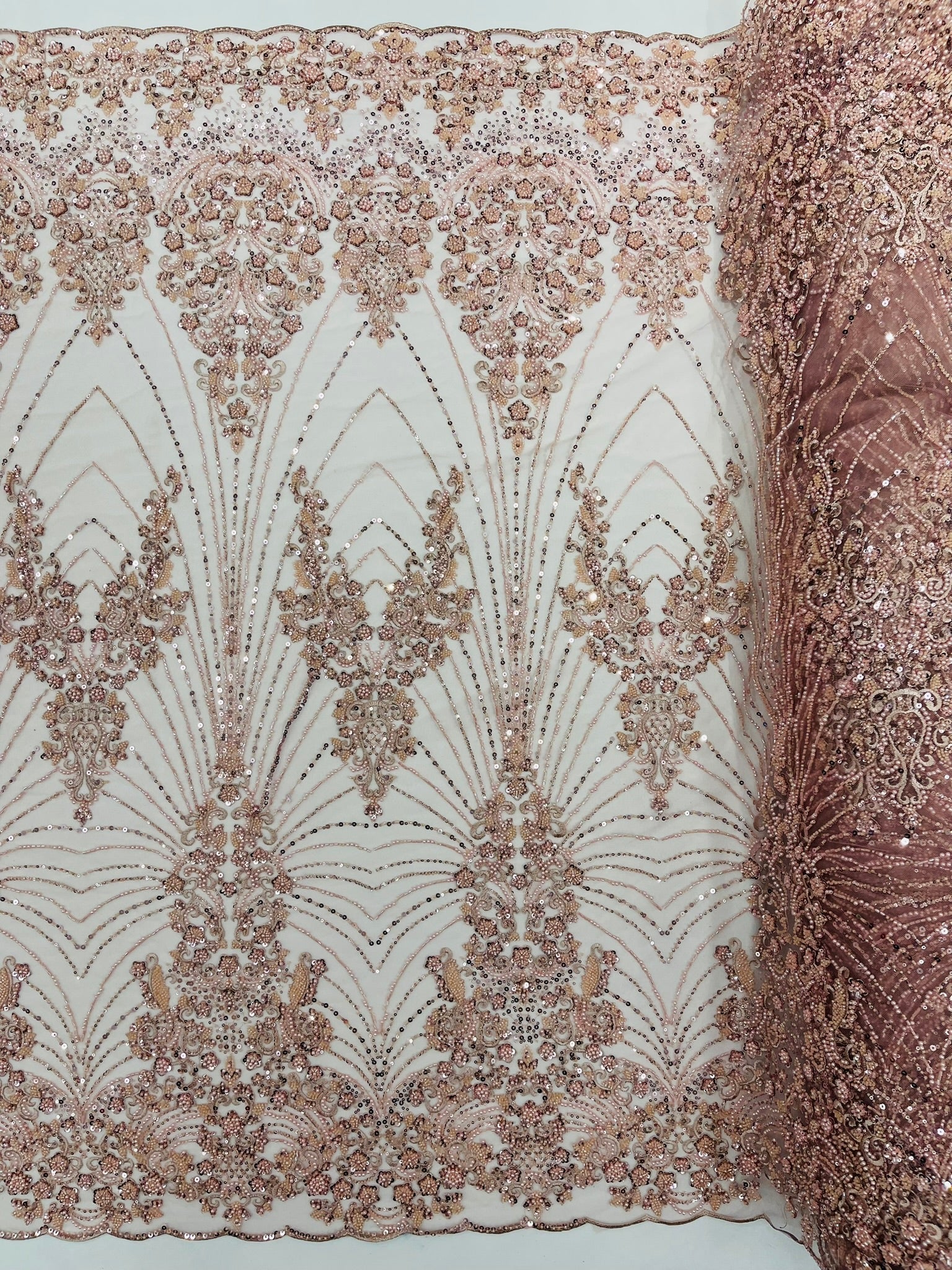 Royalty Damask Beaded Lace Luxury on Mesh 54” Wide| New Creations Fabric & Foam Inc. - New Creations Fabric & Foam Inc