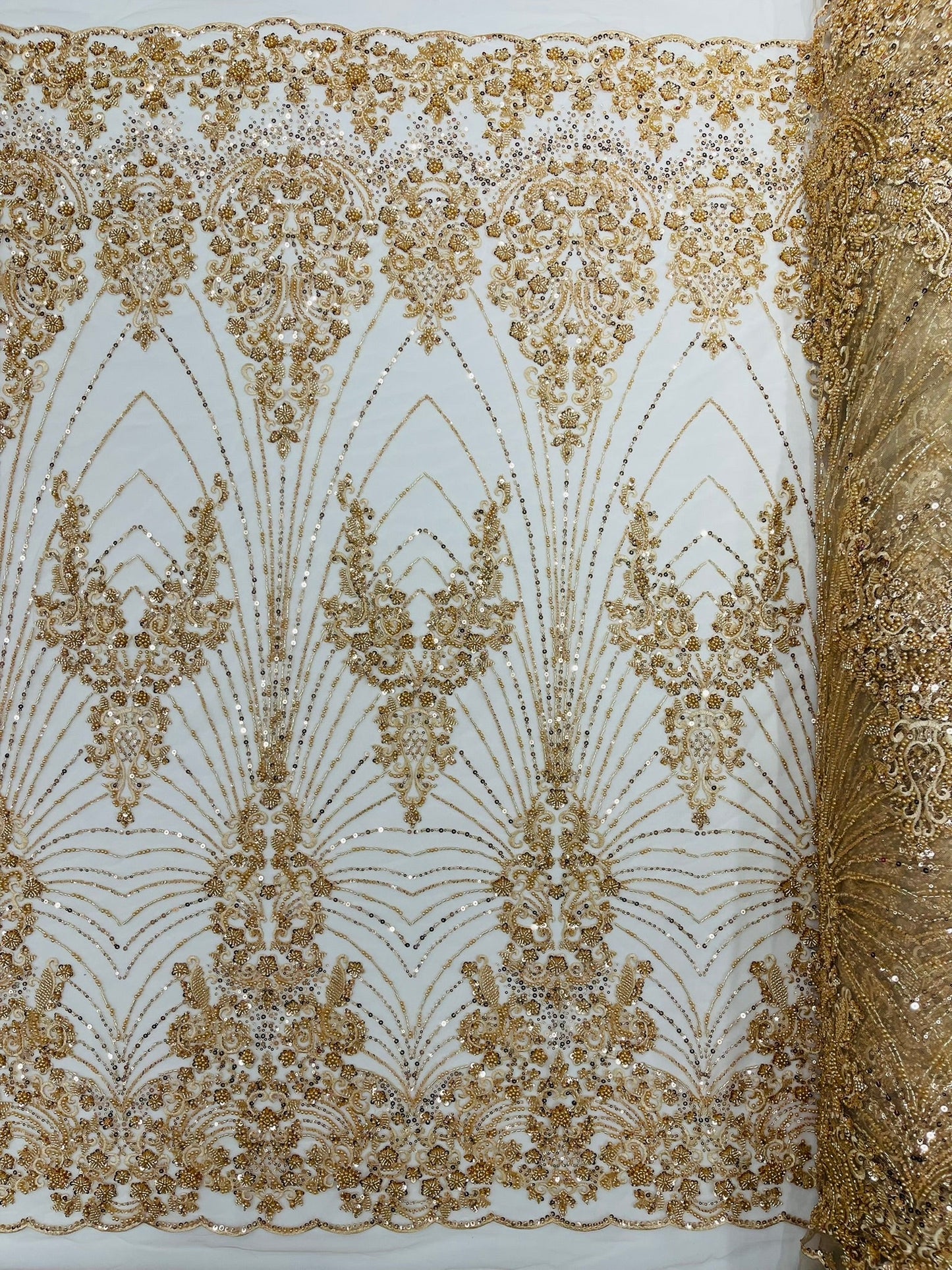 Royalty Damask Beaded Lace Luxury on Mesh 54” Wide| New Creations Fabric & Foam Inc. - New Creations Fabric & Foam Inc