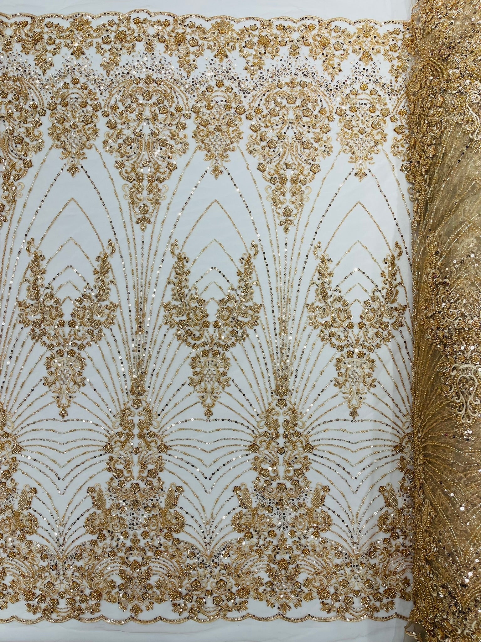 Royalty Damask Beaded Lace Luxury on Mesh 54” Wide| New Creations Fabric & Foam Inc. - New Creations Fabric & Foam Inc