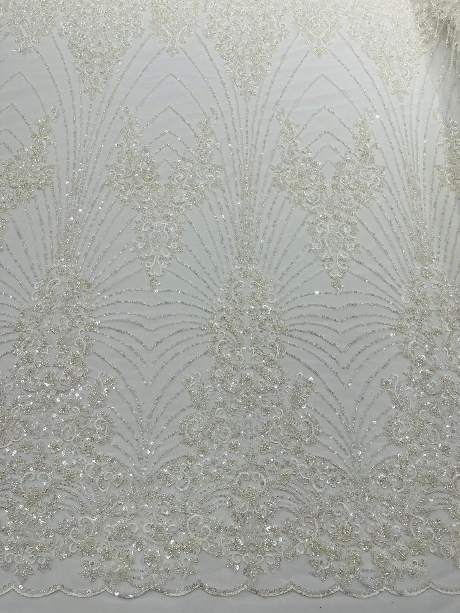 Royalty Damask Beaded Lace Luxury on Mesh 54” Wide| New Creations Fabric & Foam Inc. - New Creations Fabric & Foam Inc