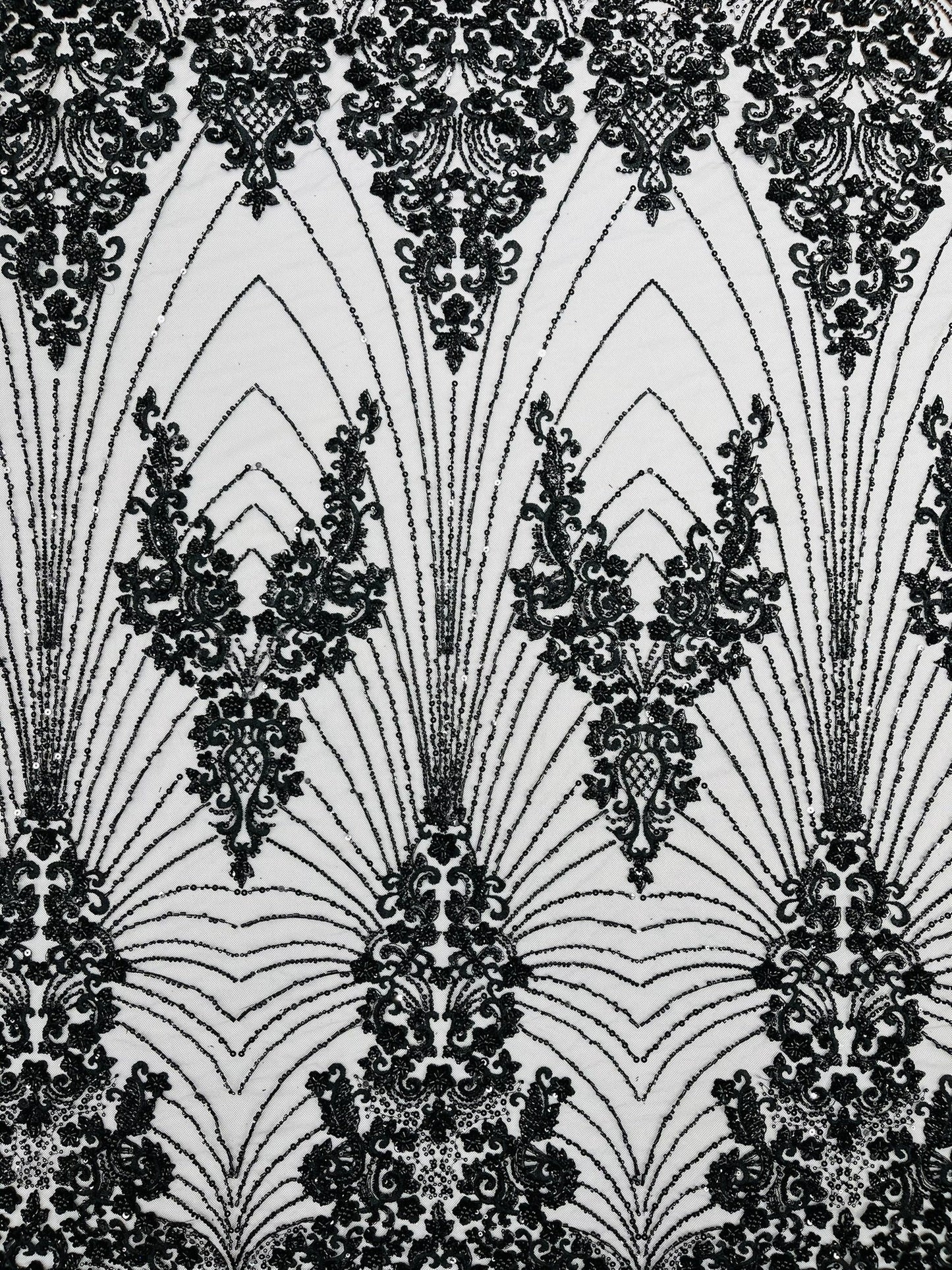 Royalty Damask Beaded Lace Luxury on Mesh 54” Wide| New Creations Fabric & Foam Inc. - New Creations Fabric & Foam Inc