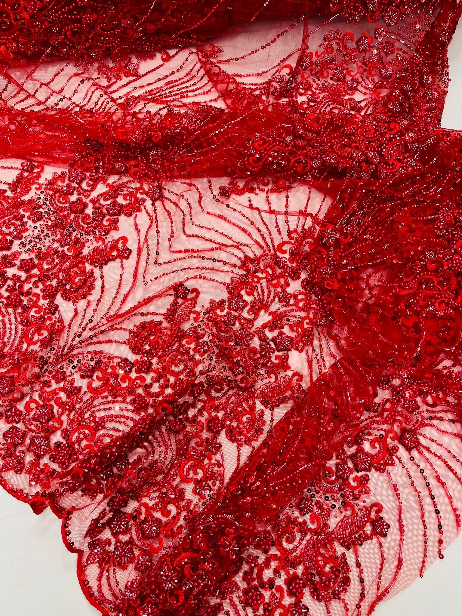 Royalty Damask Beaded Lace Luxury on Mesh 54” Wide| New Creations Fabric & Foam Inc. - New Creations Fabric & Foam Inc