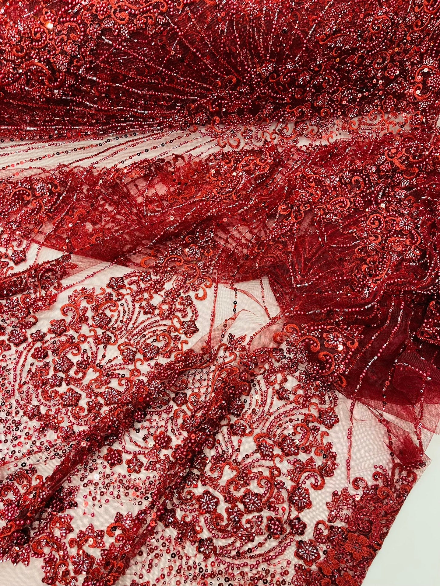 Royalty Damask Beaded Lace Luxury on Mesh 54” Wide| New Creations Fabric & Foam Inc. - New Creations Fabric & Foam Inc