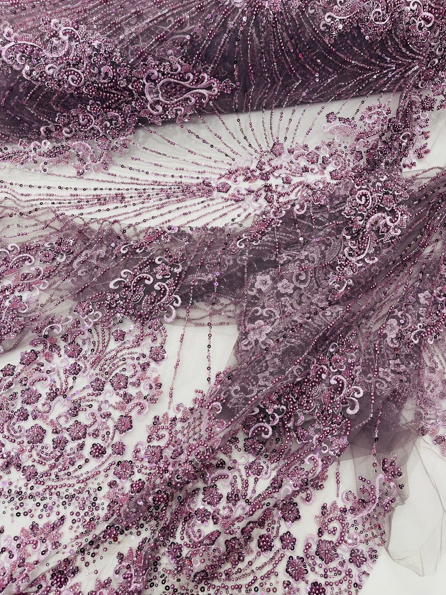 Royalty Damask Beaded Lace Luxury on Mesh 54” Wide| New Creations Fabric & Foam Inc. - New Creations Fabric & Foam Inc
