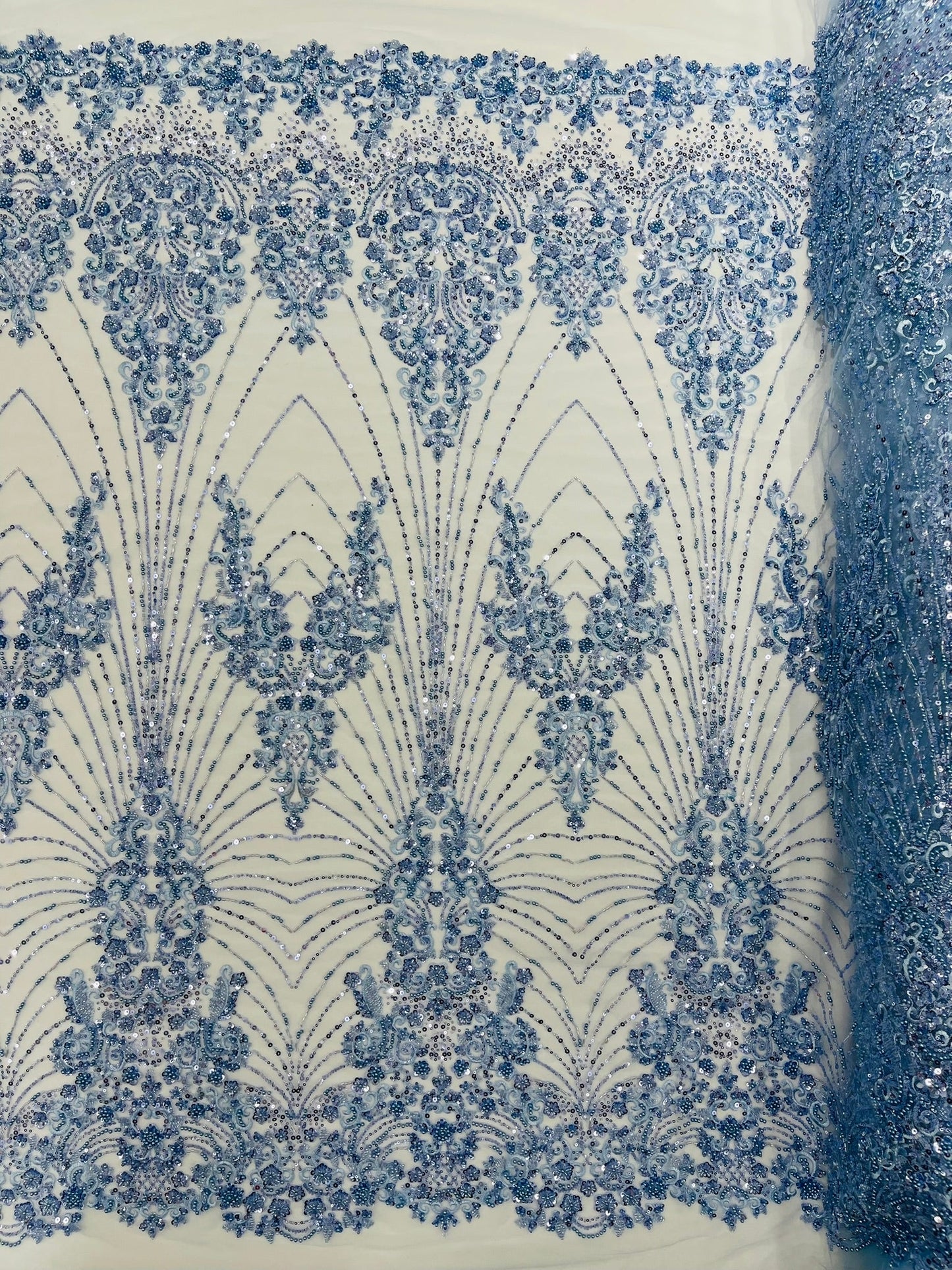 Royalty Damask Beaded Lace Luxury on Mesh 54” Wide| New Creations Fabric & Foam Inc. - New Creations Fabric & Foam Inc