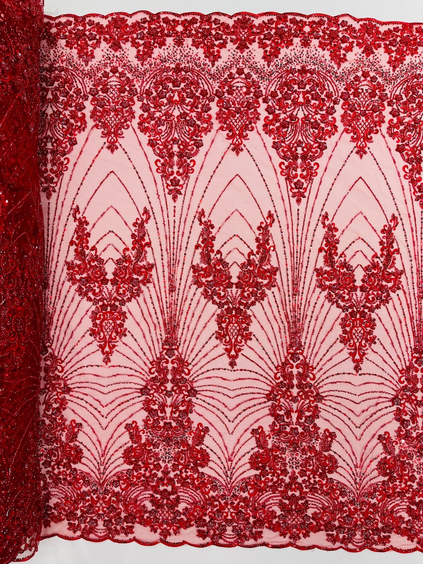 Royalty Damask Beaded Lace Luxury on Mesh 54” Wide| New Creations Fabric & Foam Inc. - New Creations Fabric & Foam Inc