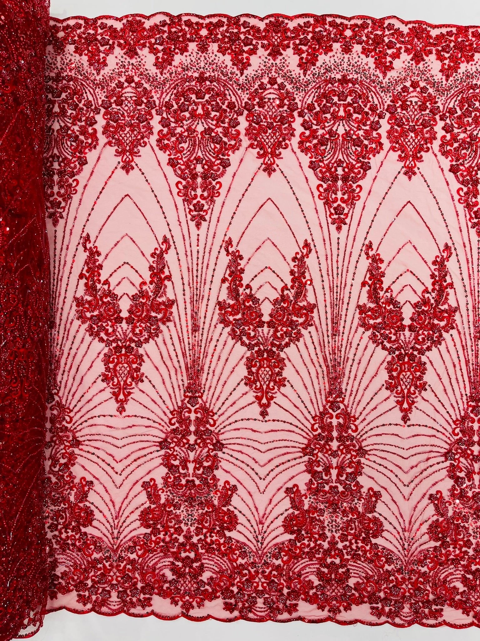 Royalty Damask Beaded Lace Luxury on Mesh 54” Wide| New Creations Fabric & Foam Inc. - New Creations Fabric & Foam Inc