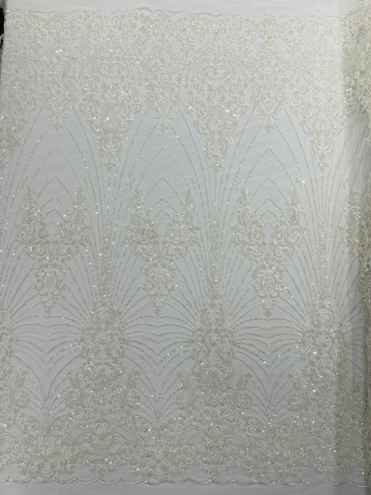 Royalty Damask Beaded Lace Luxury on Mesh 54” Wide| New Creations Fabric & Foam Inc. - New Creations Fabric & Foam Inc