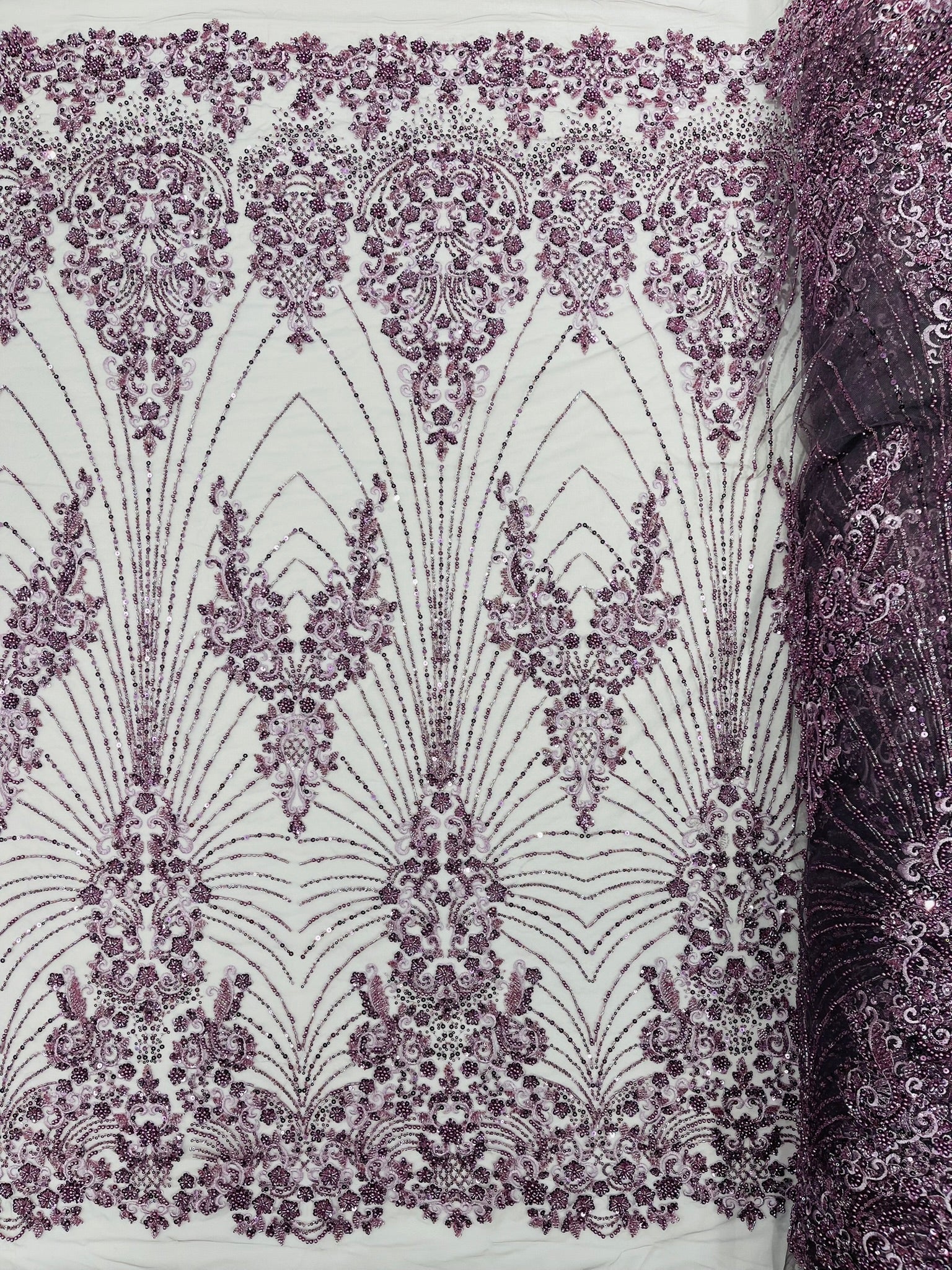 Royalty Damask Beaded Lace Luxury on Mesh 54” Wide| New Creations Fabric & Foam Inc. - New Creations Fabric & Foam Inc