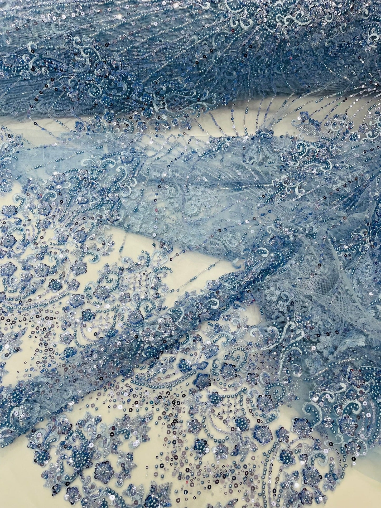 Royalty Damask Beaded Lace Luxury on Mesh 54” Wide| New Creations Fabric & Foam Inc. - New Creations Fabric & Foam Inc