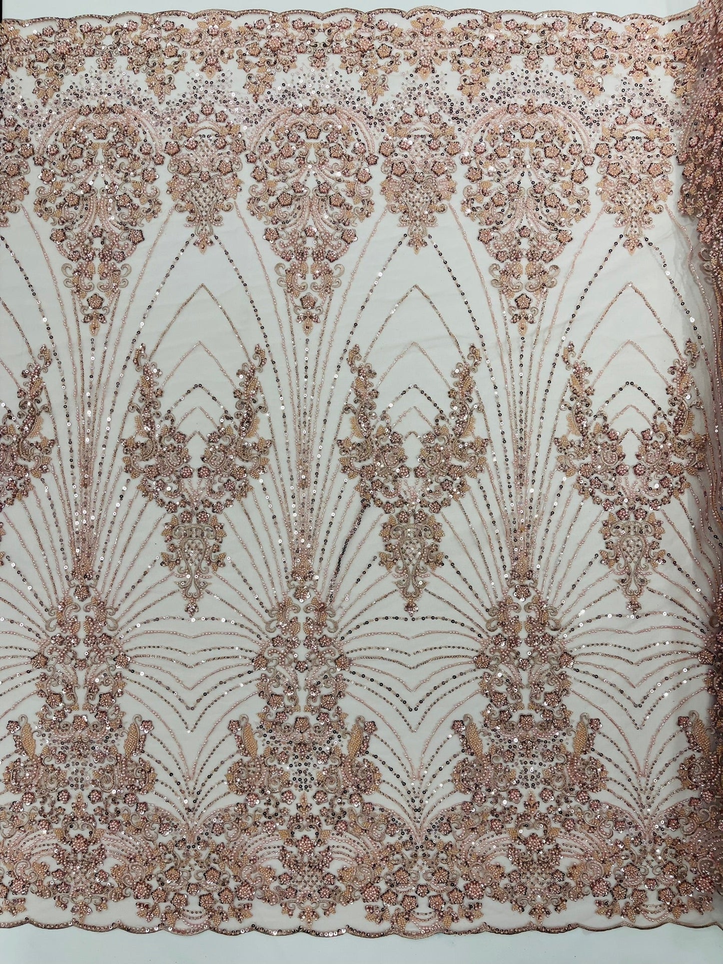 Royalty Damask Beaded Lace Luxury on Mesh 54” Wide| New Creations Fabric & Foam Inc. - New Creations Fabric & Foam Inc