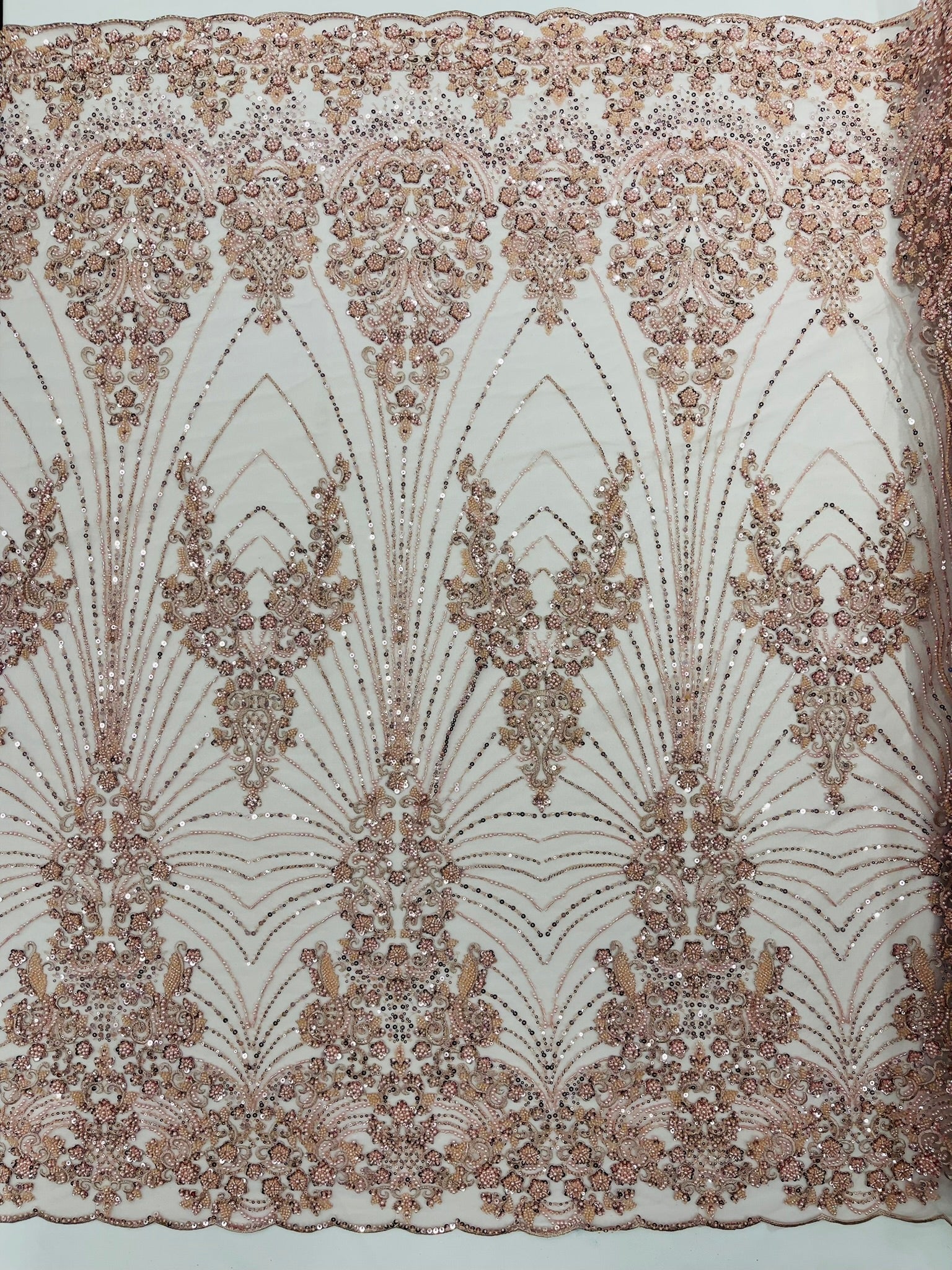 Royalty Damask Beaded Lace Luxury on Mesh 54” Wide| New Creations Fabric & Foam Inc. - New Creations Fabric & Foam Inc