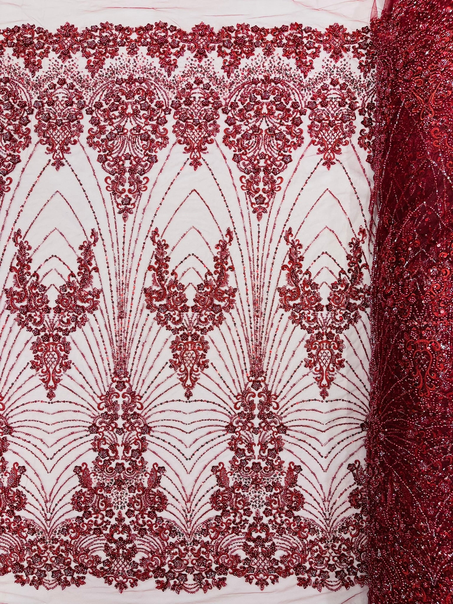 Royalty Damask Beaded Lace Luxury on Mesh 54” Wide| New Creations Fabric & Foam Inc. - New Creations Fabric & Foam Inc