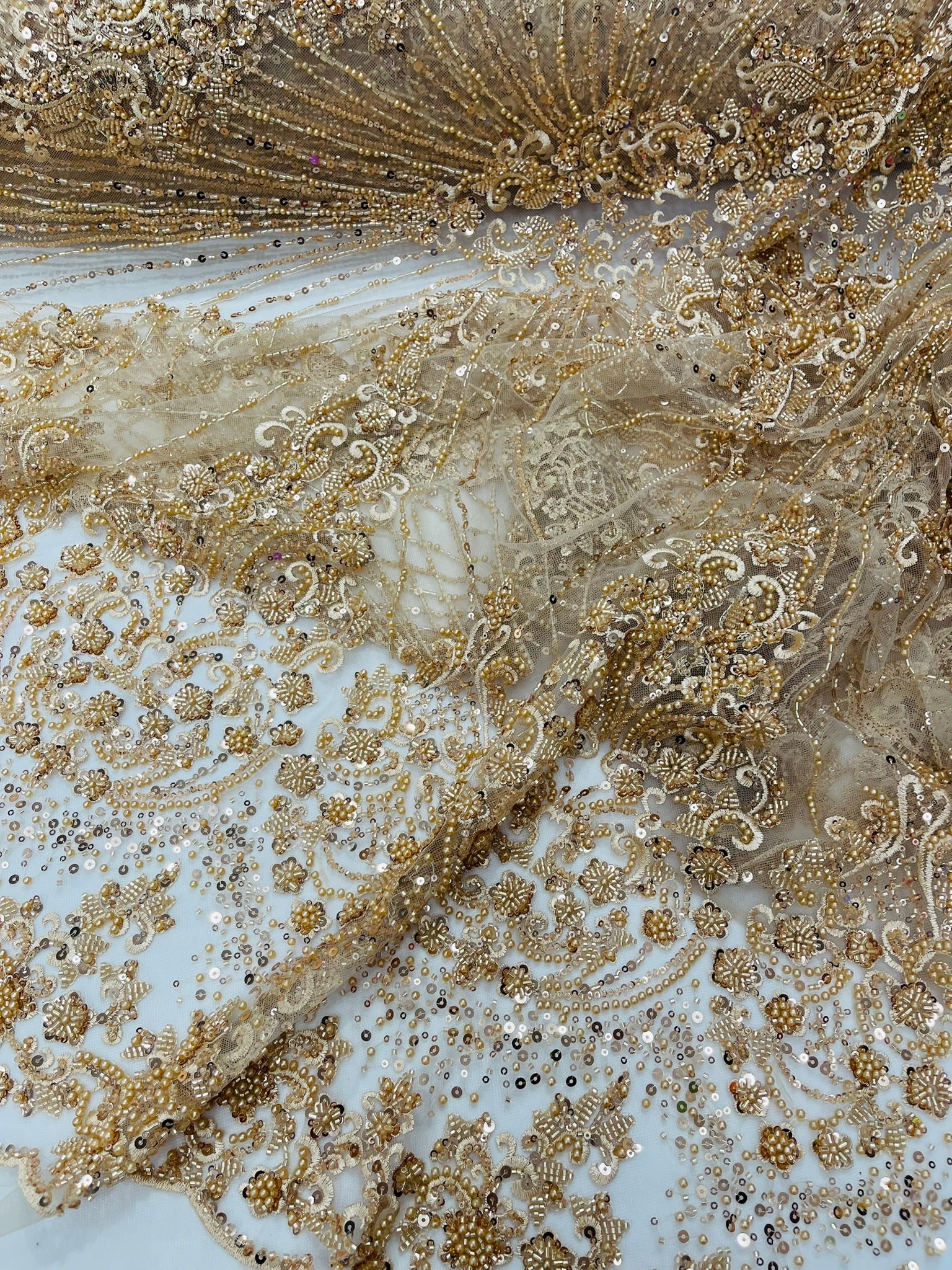 Royalty Damask Beaded Lace Luxury on Mesh 54” Wide| New Creations Fabric & Foam Inc. - New Creations Fabric & Foam Inc