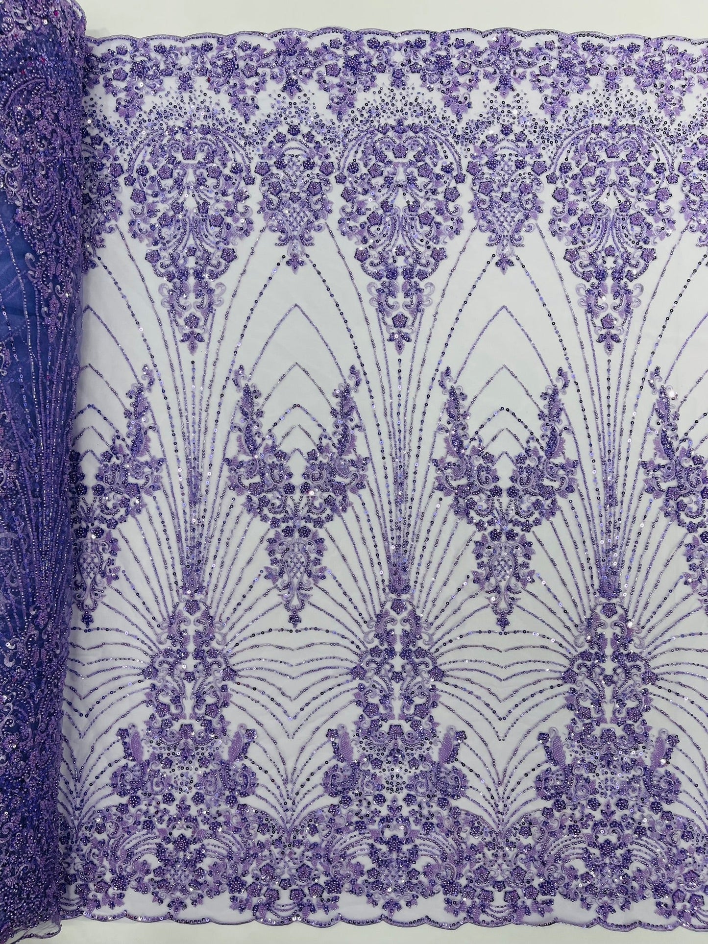 Royalty Damask Beaded Lace Luxury on Mesh 54” Wide| New Creations Fabric & Foam Inc. - New Creations Fabric & Foam Inc